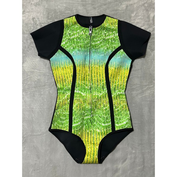 Peter Pilotto Lisa Fernandez Short One‎ Piece Swimsuit Green Yellow Zipper Sz M